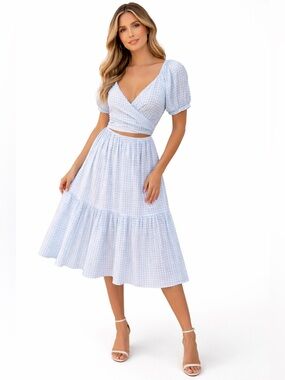 Pink Lily Blue Gingham Wrap Midi Dress Cutout Puff Sleeve Size S